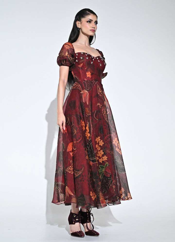 Wine Printed Organza Corset Midi Dress