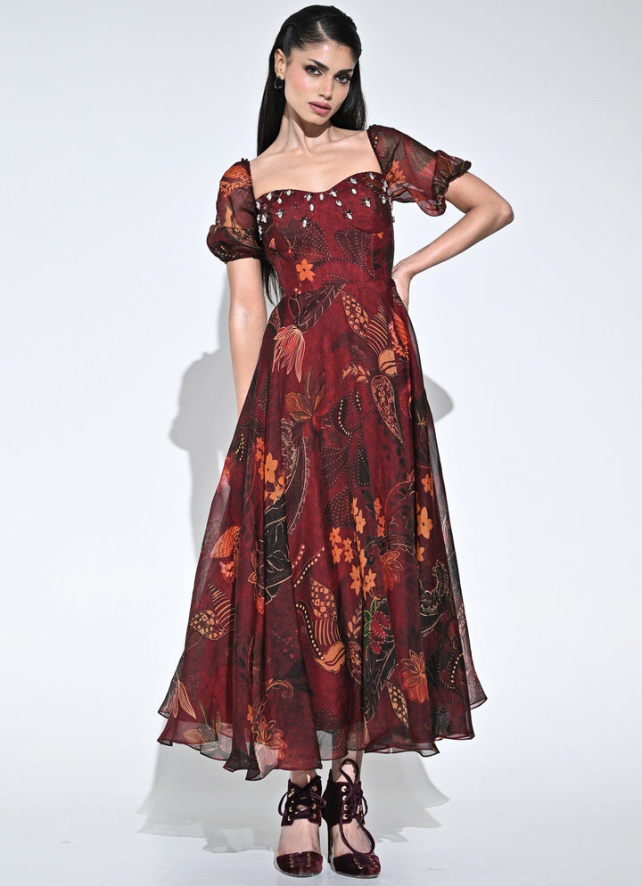Wine Printed Organza Corset Midi Dress
