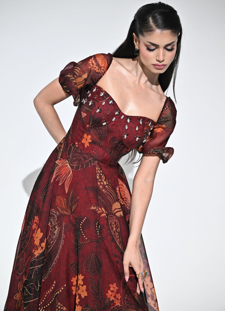 Wine Printed Organza Corset Midi Dress