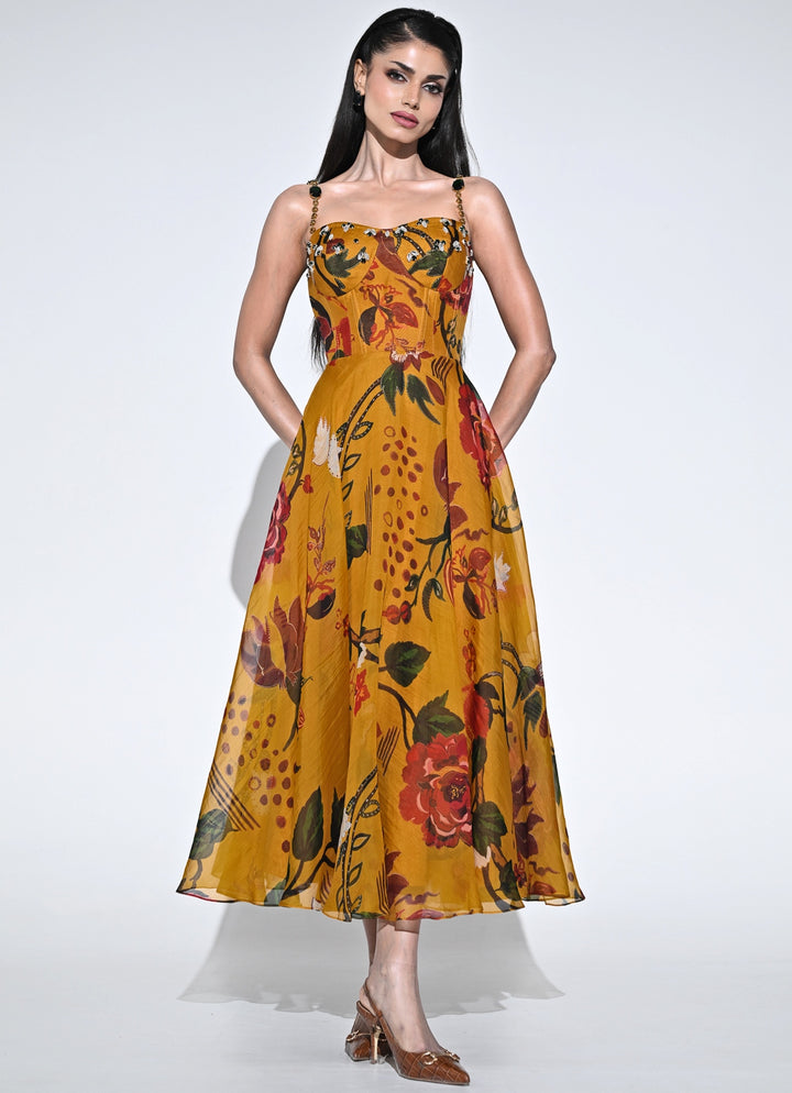 Burnt Mustard Yellow Printed Organza Corset Dress