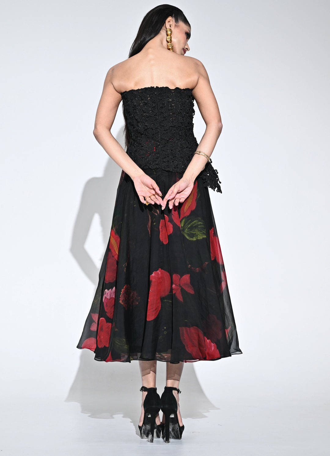 Black Lace Organza Corset Midi Dress
