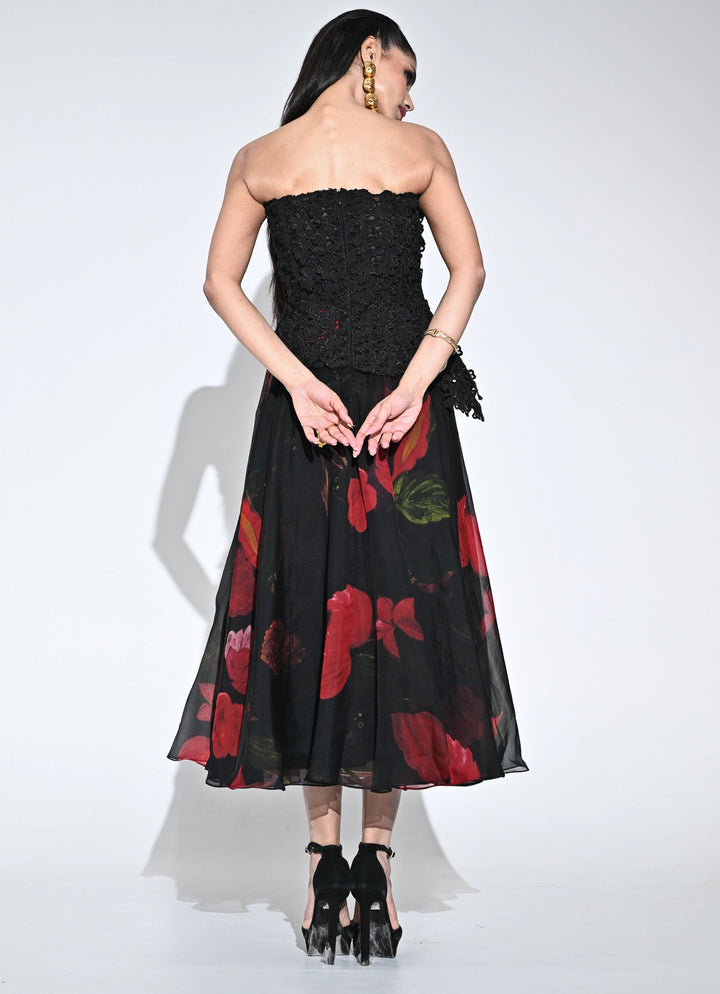 Black Lace Organza Corset Midi Dress