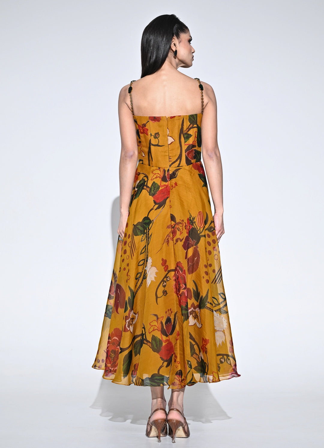 Burnt Mustard Yellow Printed Organza Corset Dress