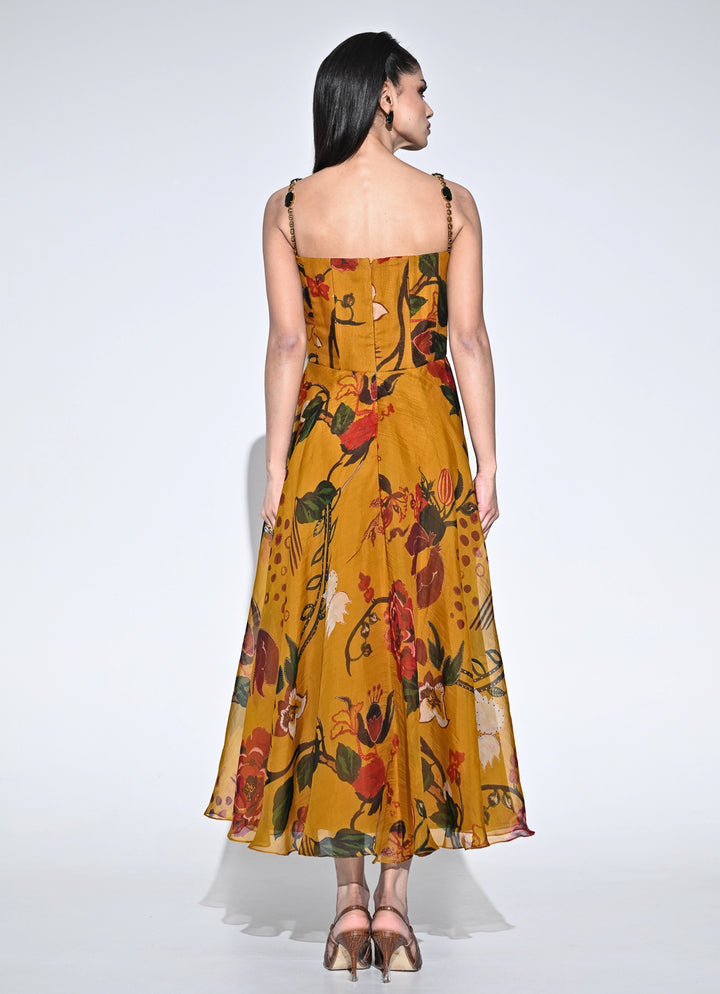 Burnt Mustard Yellow Printed Organza Corset Dress