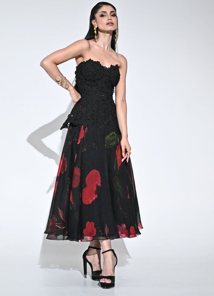 Black Lace Organza Corset Midi Dress