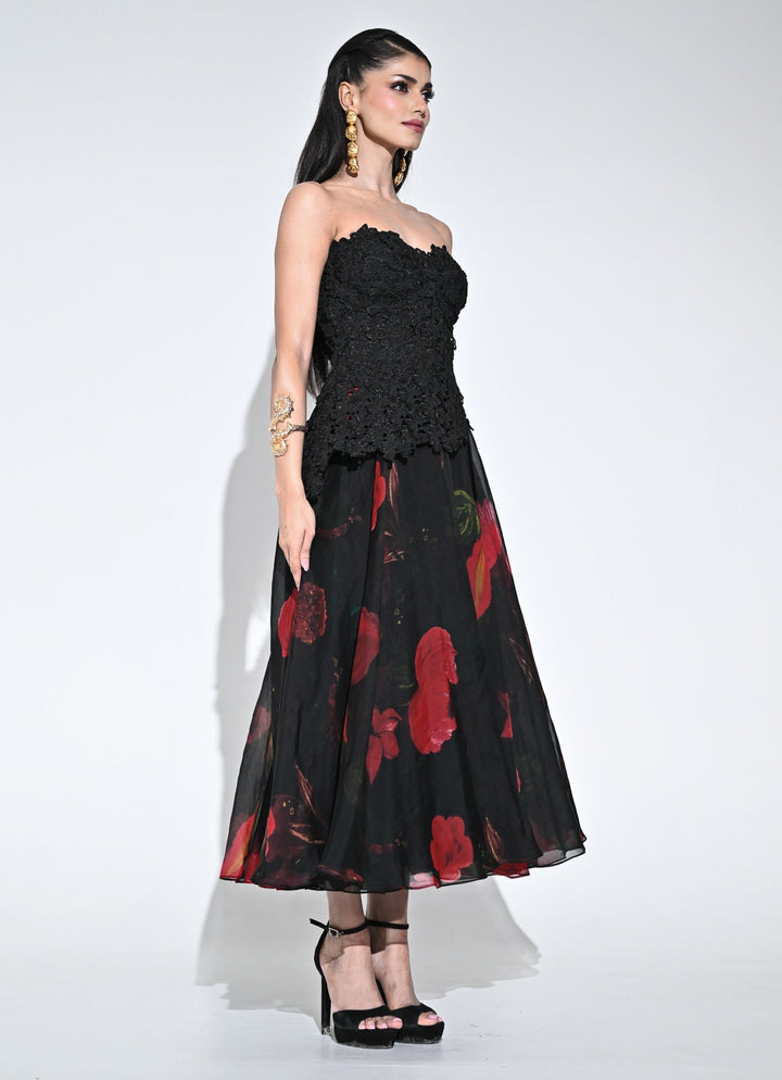 Black Lace Organza Corset Midi Dress