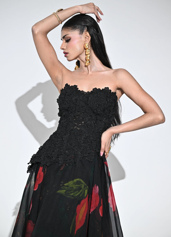 Black Lace Organza Corset Midi Dress