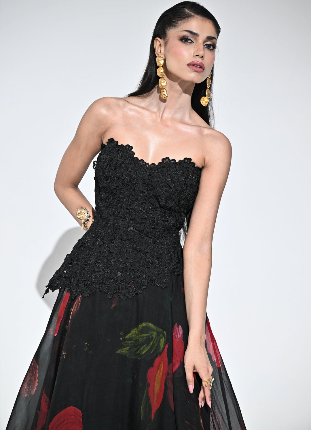 Black Lace Organza Corset Midi Dress