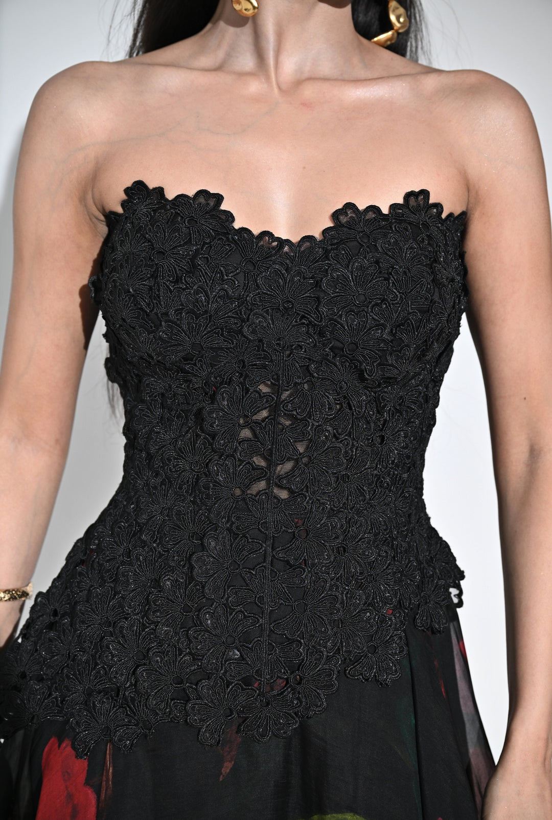 Black Lace Organza Corset Midi Dress