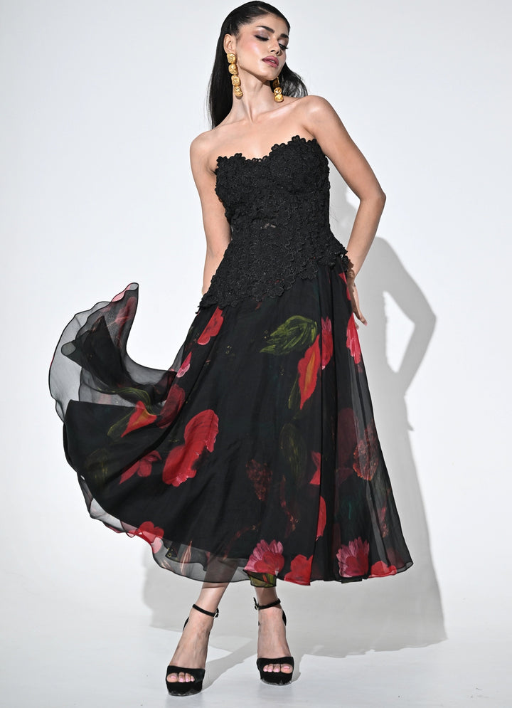 Black Lace Organza Corset Midi Dress