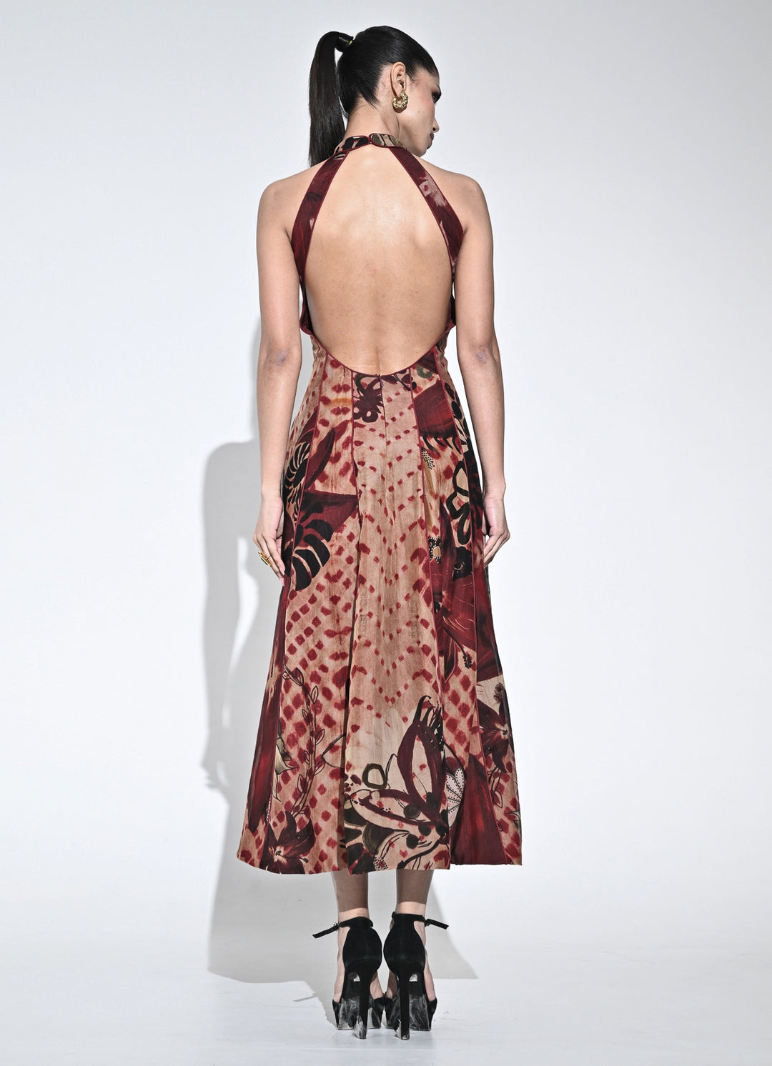 Crimson Red And Nude Organza Halter Midi Dress