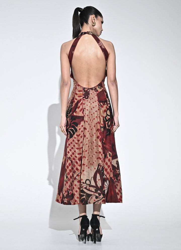 Crimson Red And Nude Organza Halter Midi Dress