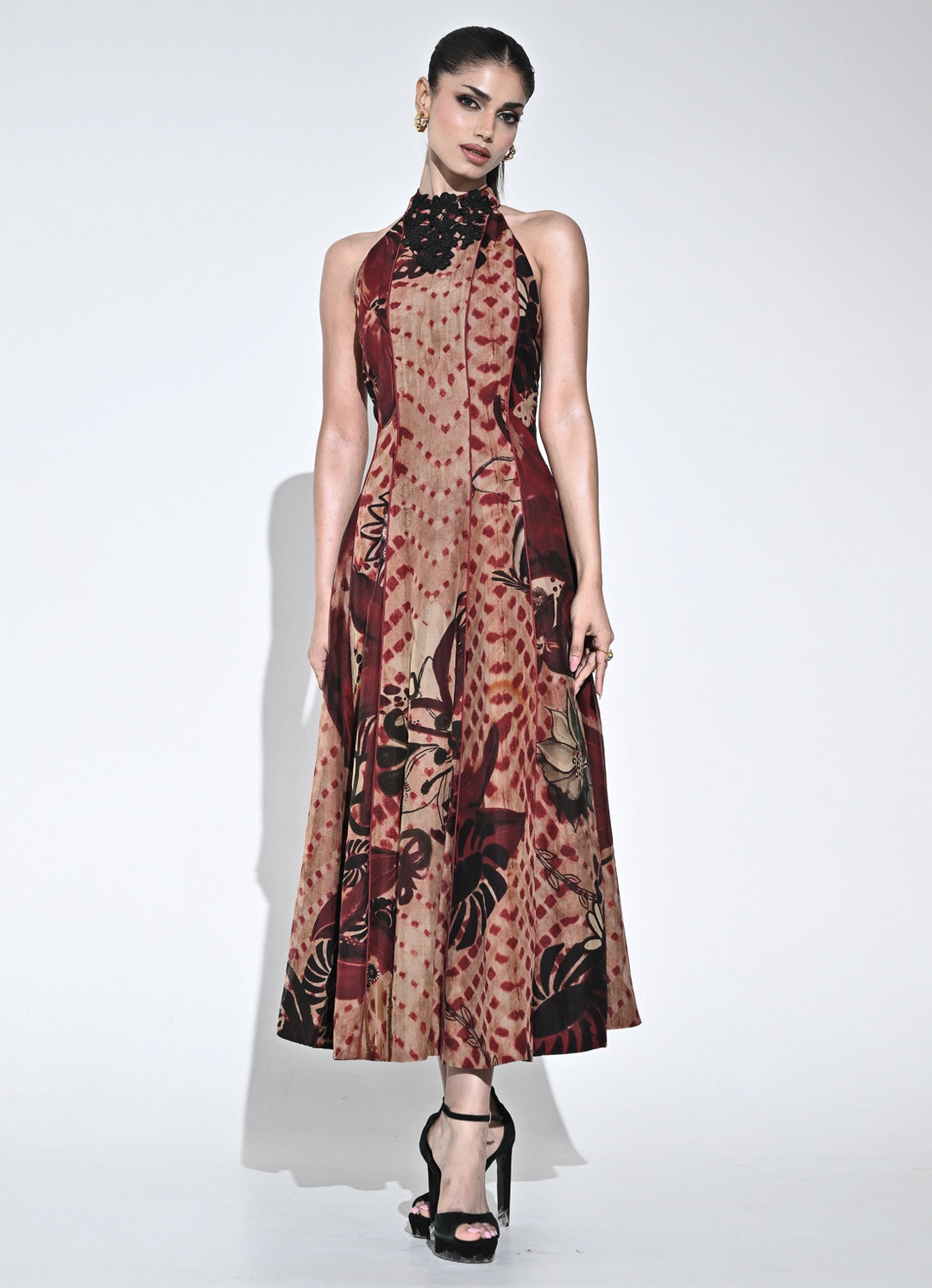 Crimson Red And Nude Organza Halter Midi Dress