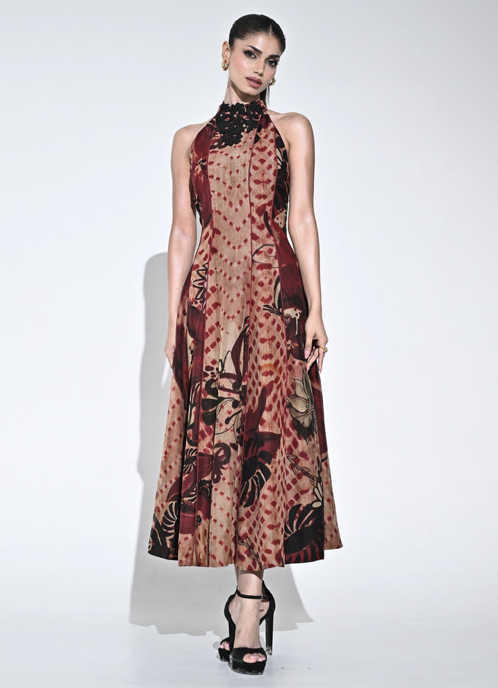 Crimson Red And Nude Organza Halter Midi Dress