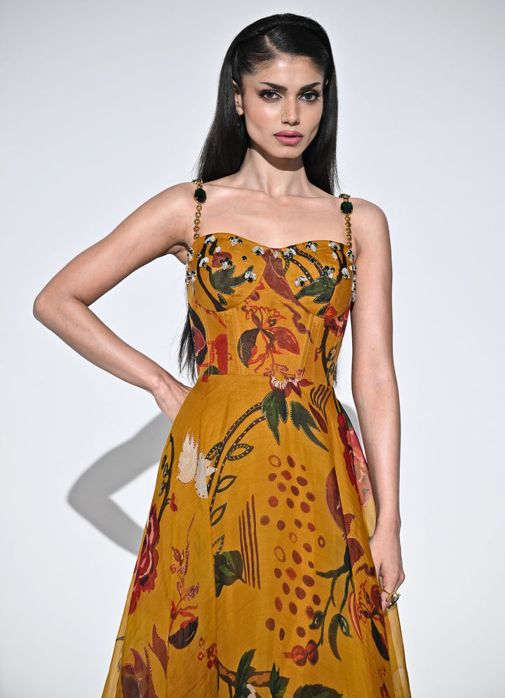 Burnt Mustard Yellow Printed Organza Corset Dress