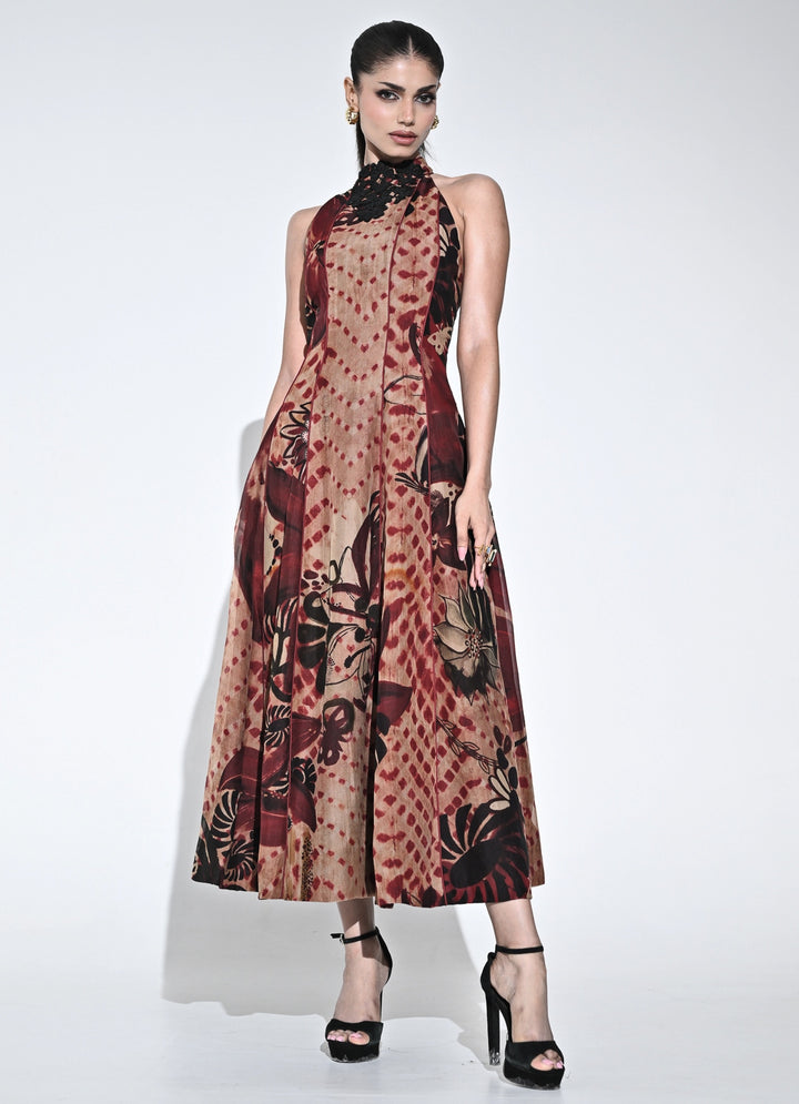 Crimson Red And Nude Organza Halter Midi Dress