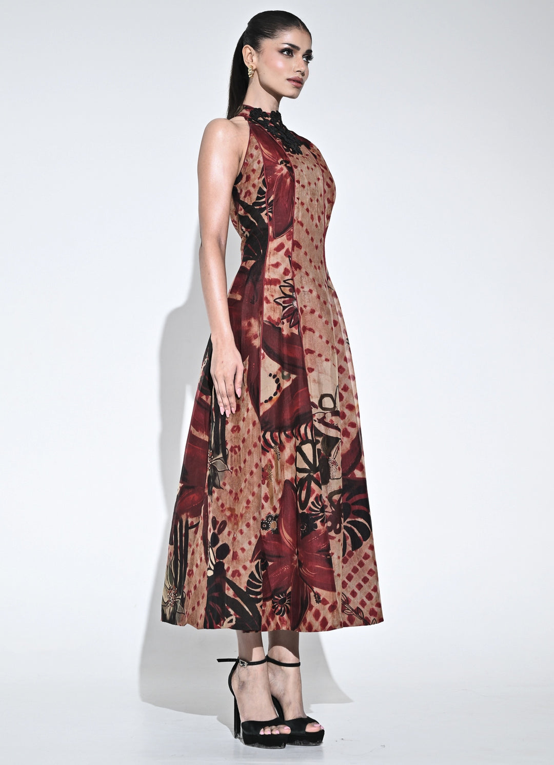 Crimson Red And Nude Organza Halter Midi Dress