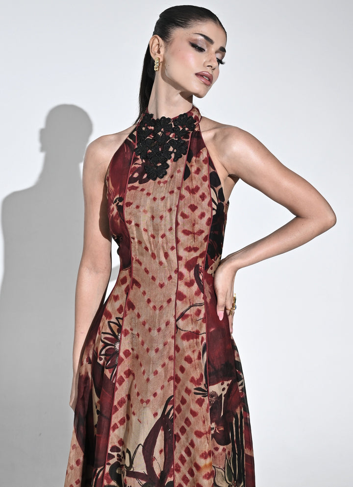 Crimson Red And Nude Organza Halter Midi Dress