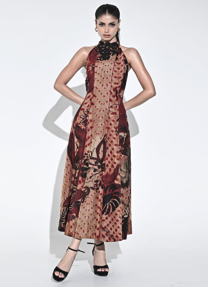 Crimson Red And Nude Organza Halter Midi Dress