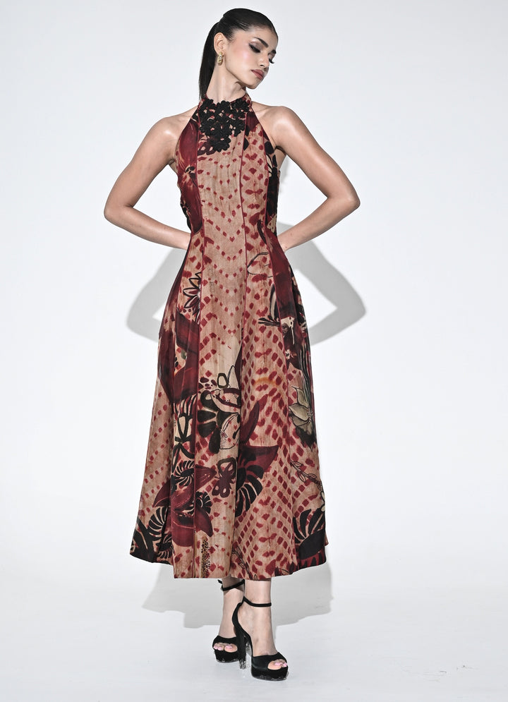 Crimson Red And Nude Organza Halter Midi Dress