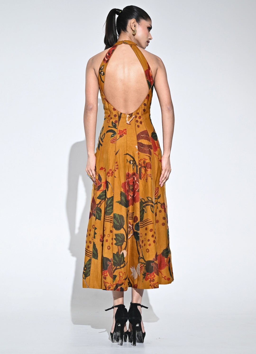Burnt Mustard Yellow Organza Halter Midi Dress