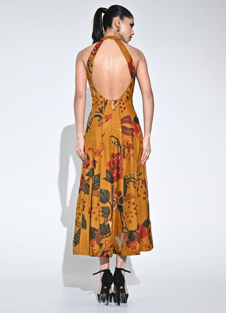 Burnt Mustard Yellow Organza Halter Midi Dress