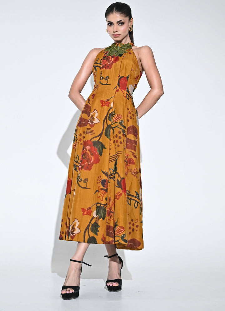 Burnt Mustard Yellow Organza Halter Midi Dress
