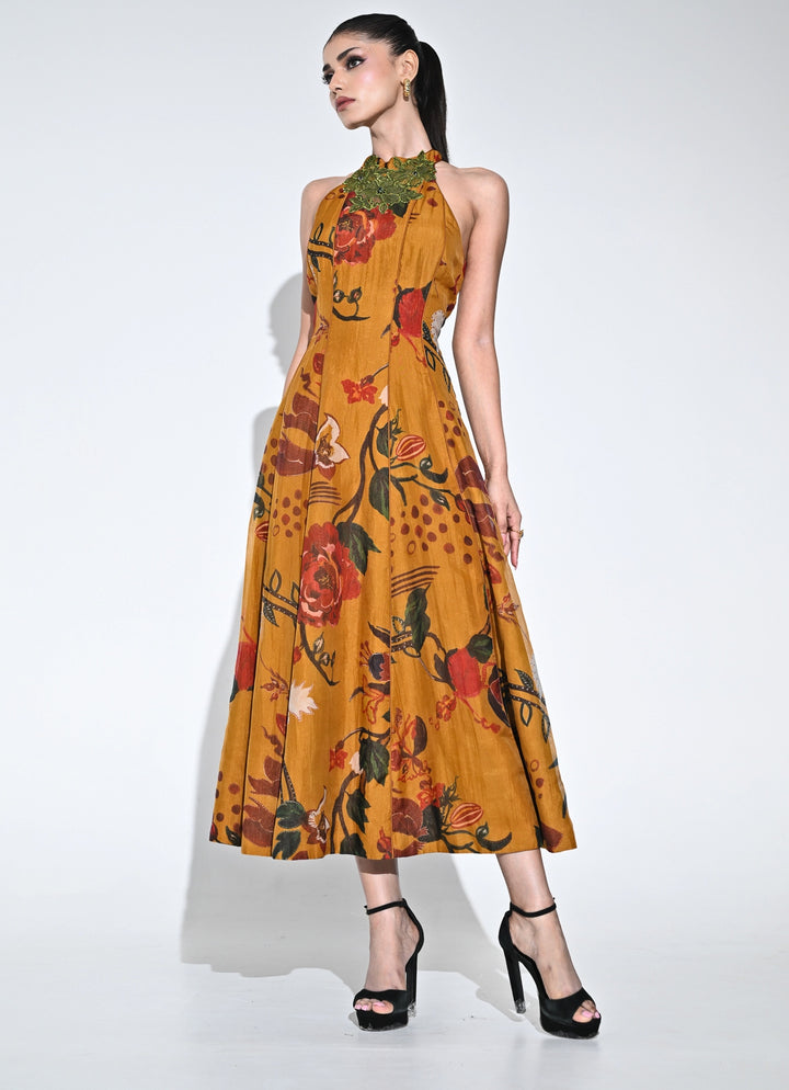 Burnt Mustard Yellow Organza Halter Midi Dress