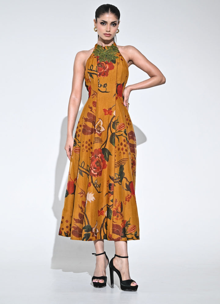 Burnt Mustard Yellow Organza Halter Midi Dress