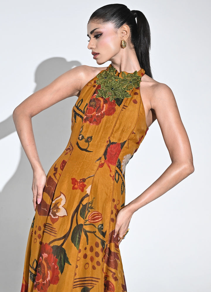Burnt Mustard Yellow Organza Halter Midi Dress