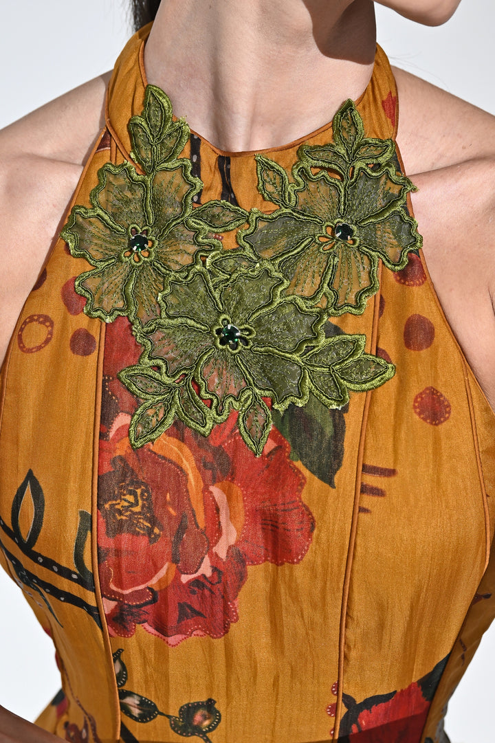 Burnt Mustard Yellow Organza Halter Midi Dress