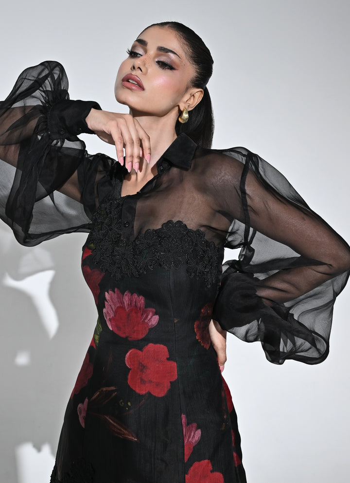 Black Organza Corset Mini Dress With Shirt