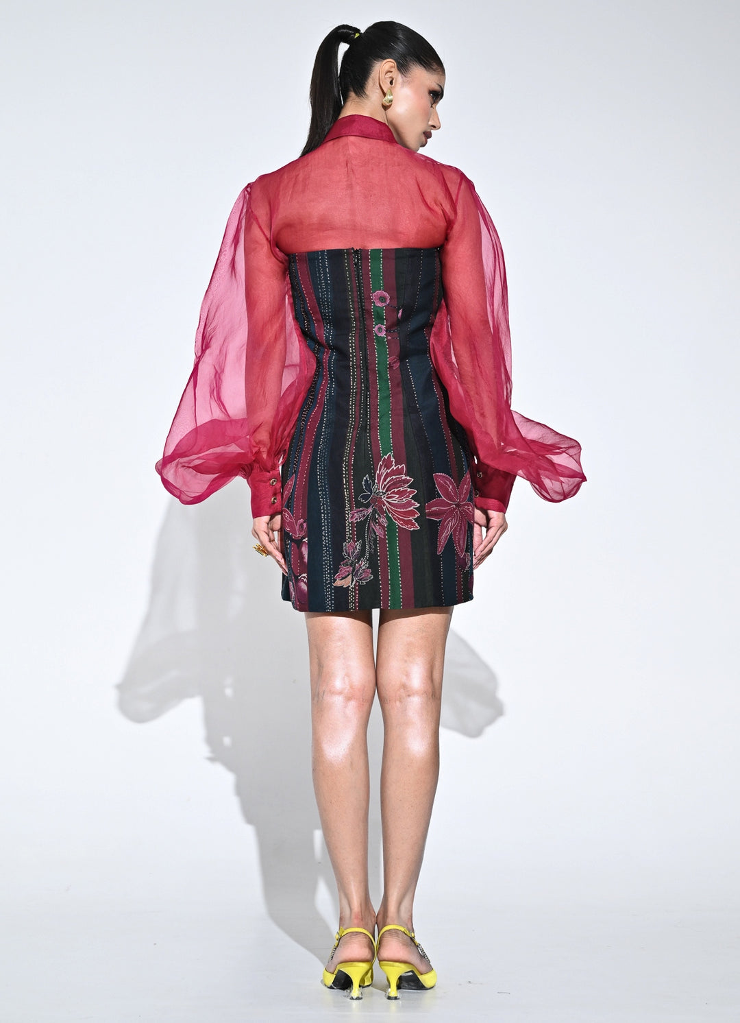 Black Multicolour Organza Mini Dress With Pink Shirt