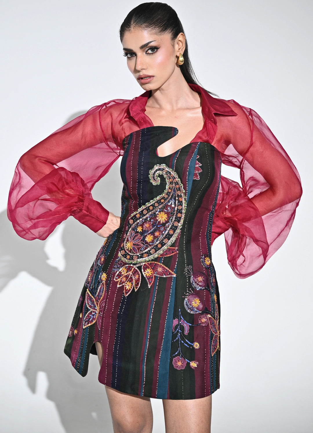 Black Multicolour Organza Mini Dress With Pink Shirt