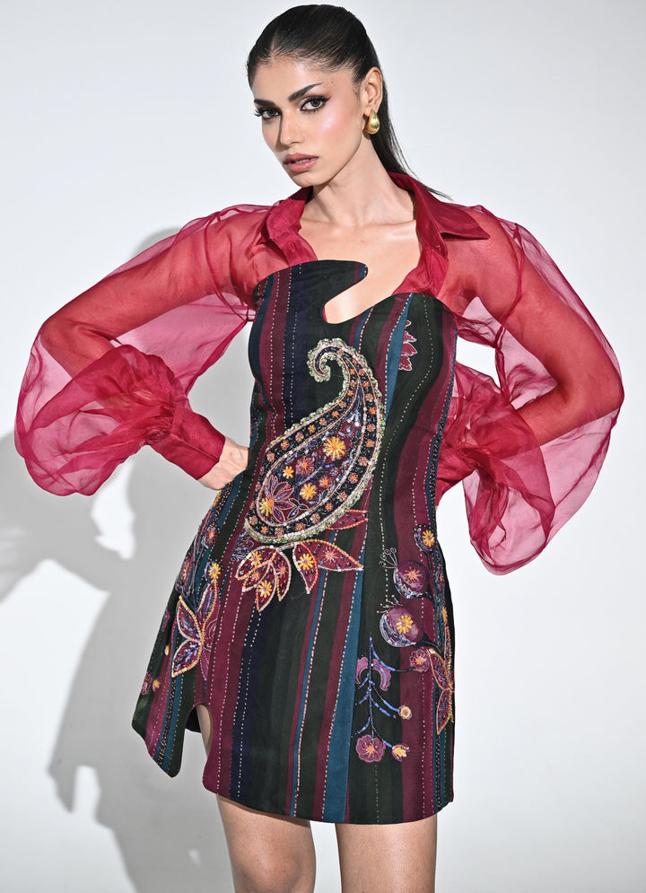 Black Multicolour Organza Mini Dress With Pink Shirt