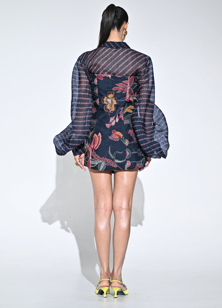Midnight Blue Printed Organza Corset Mini Dress With Shirt