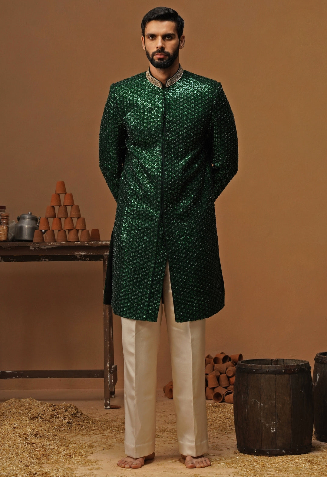 Emerald Green Georgette Sherwani Set