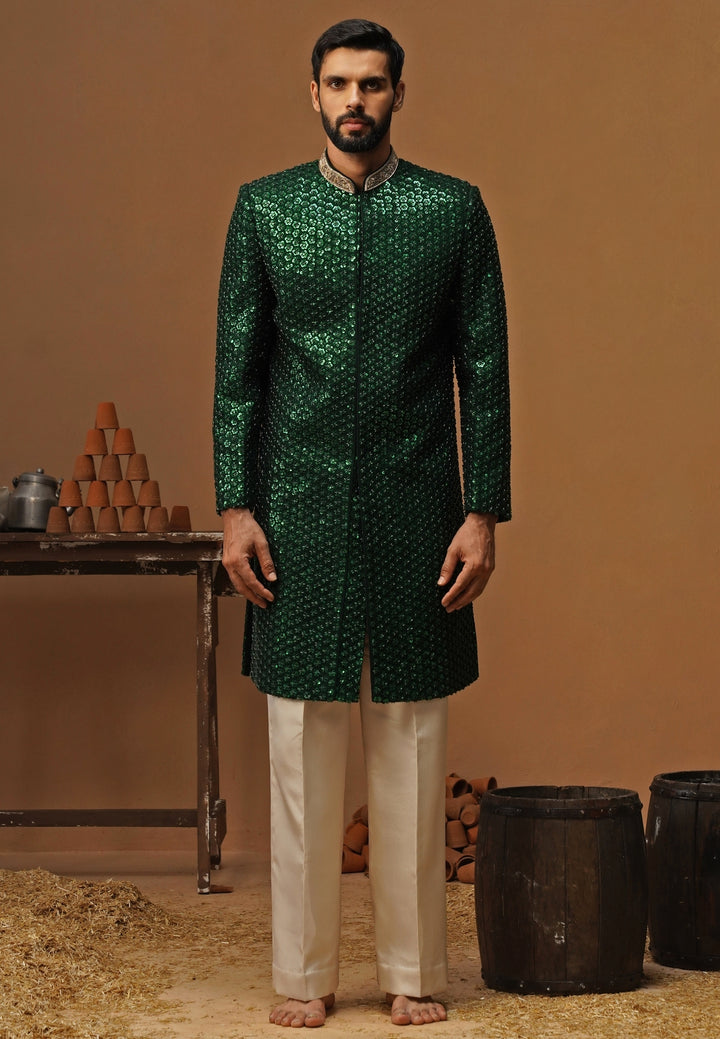 Emerald Green Georgette Sherwani Set