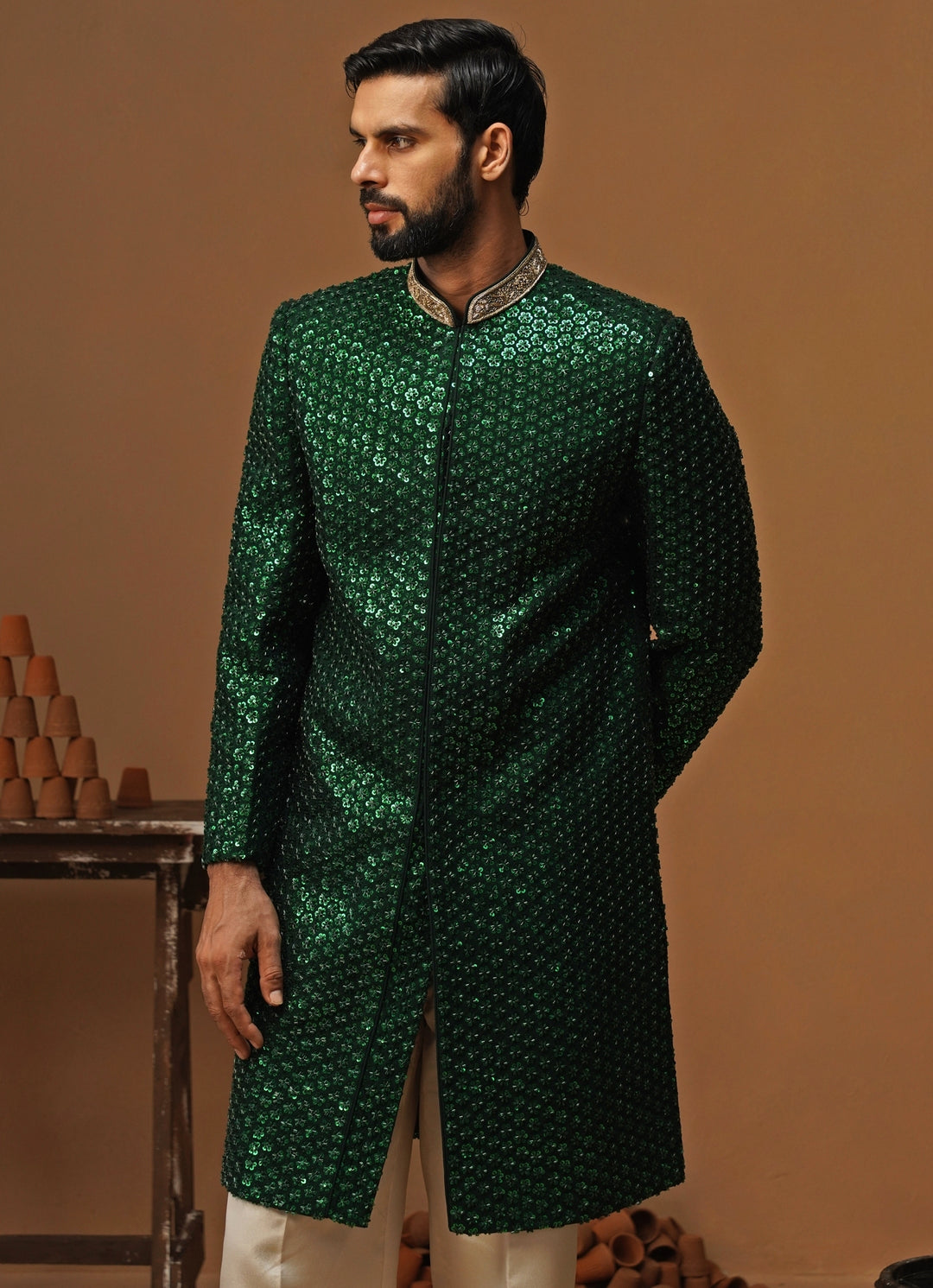 Emerald Green Georgette Sherwani Set