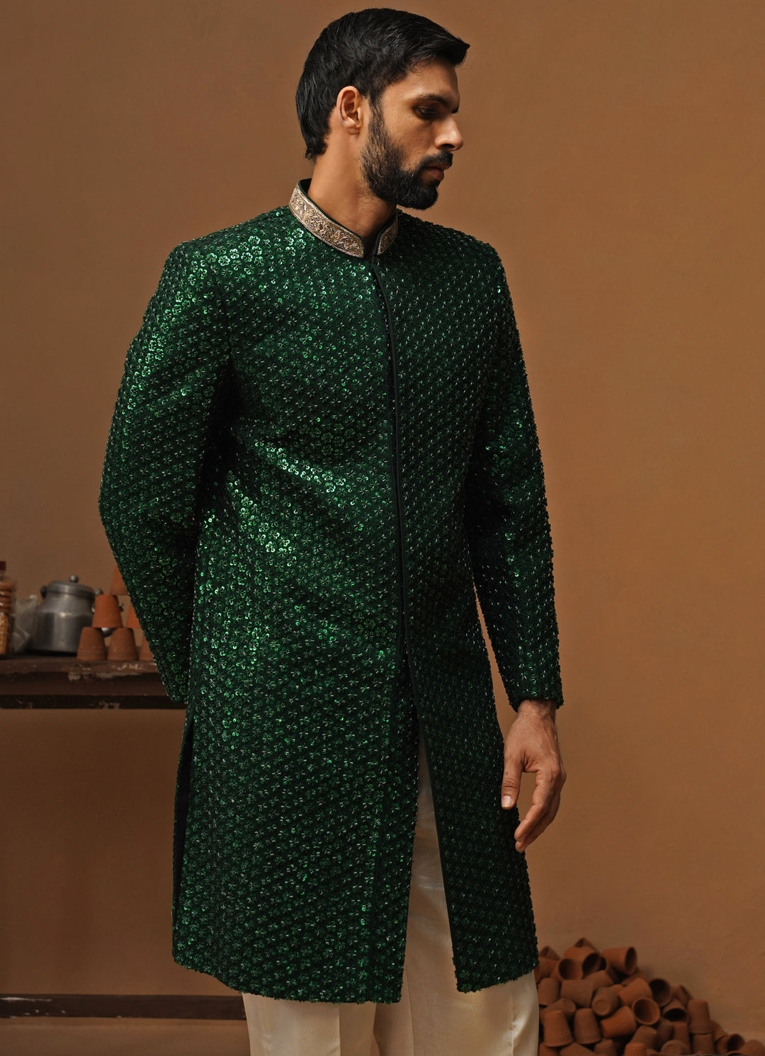 Emerald Green Georgette Sherwani Set