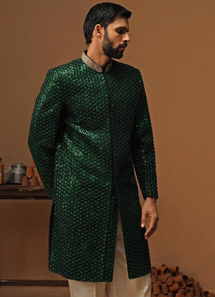 Emerald Green Georgette Sherwani Set