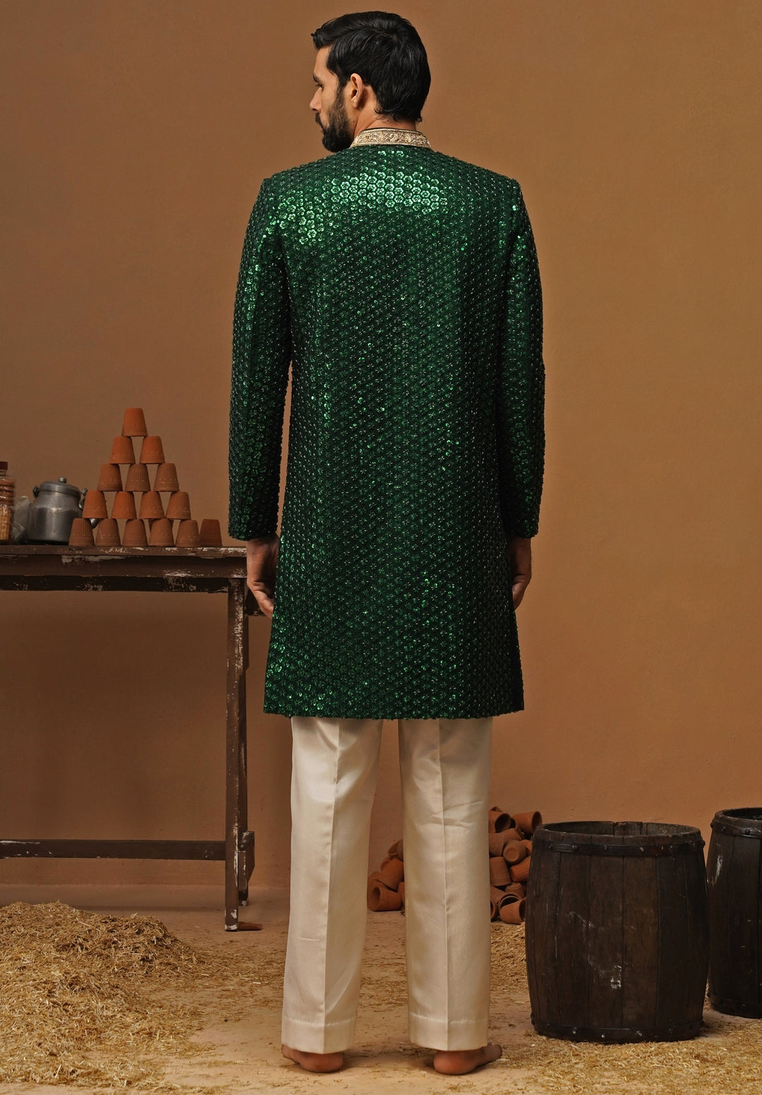 Emerald Green Georgette Sherwani Set