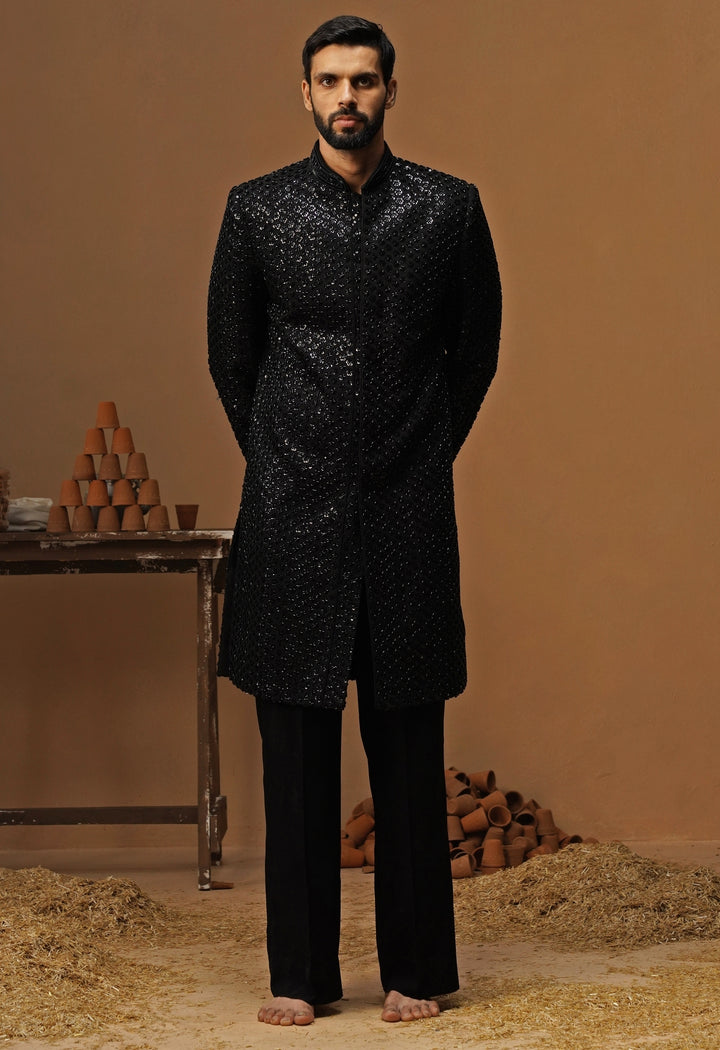 Black Shimmer Georgette Sherwani Set
