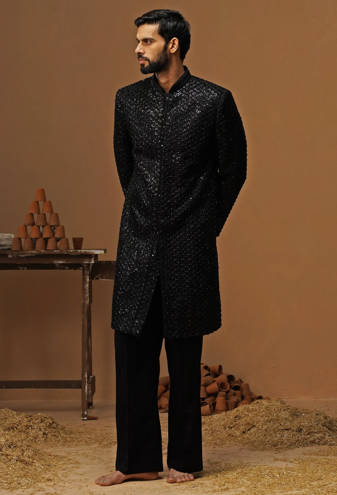 Black Shimmer Georgette Sherwani Set