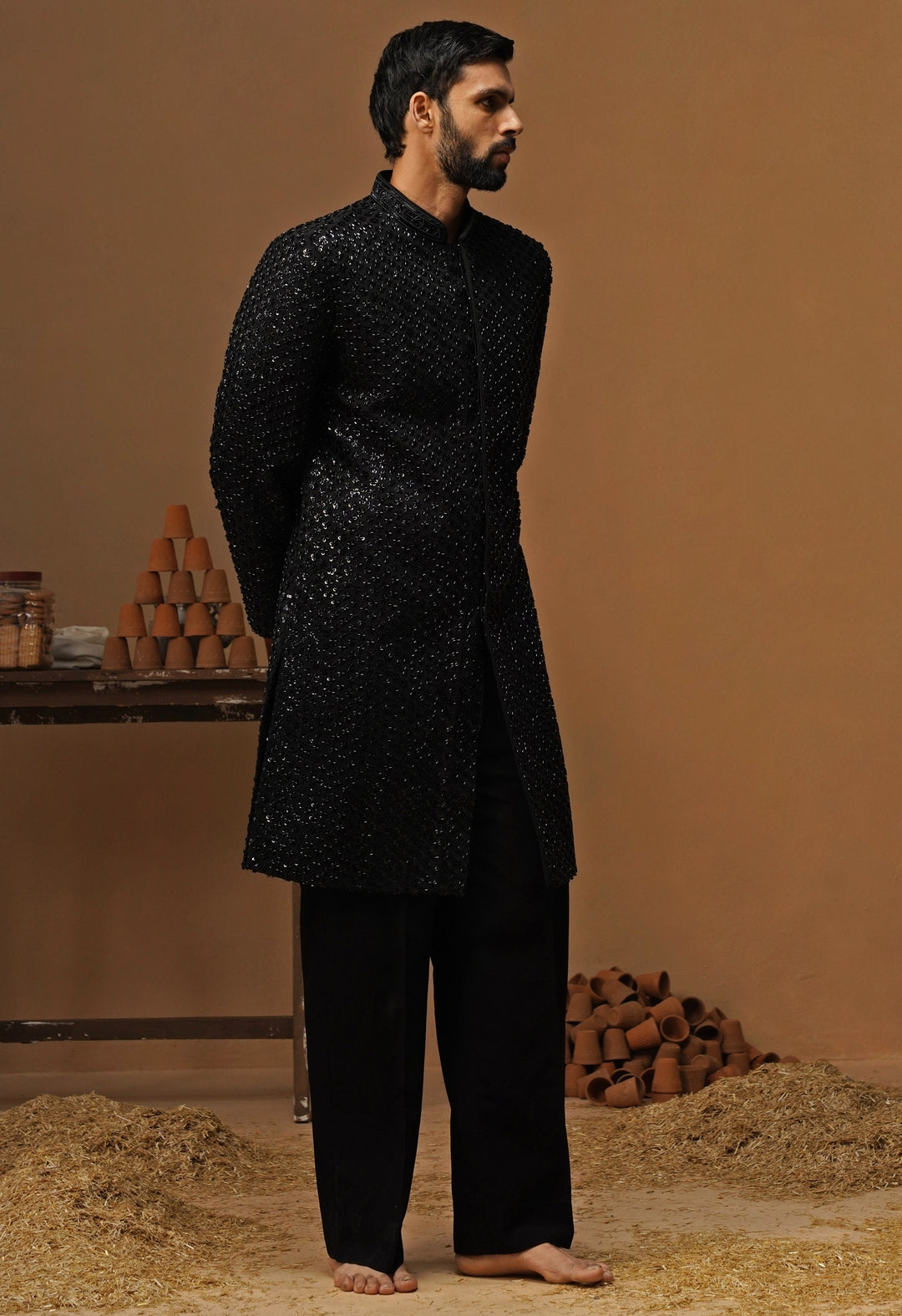 Black Shimmer Georgette Sherwani Set