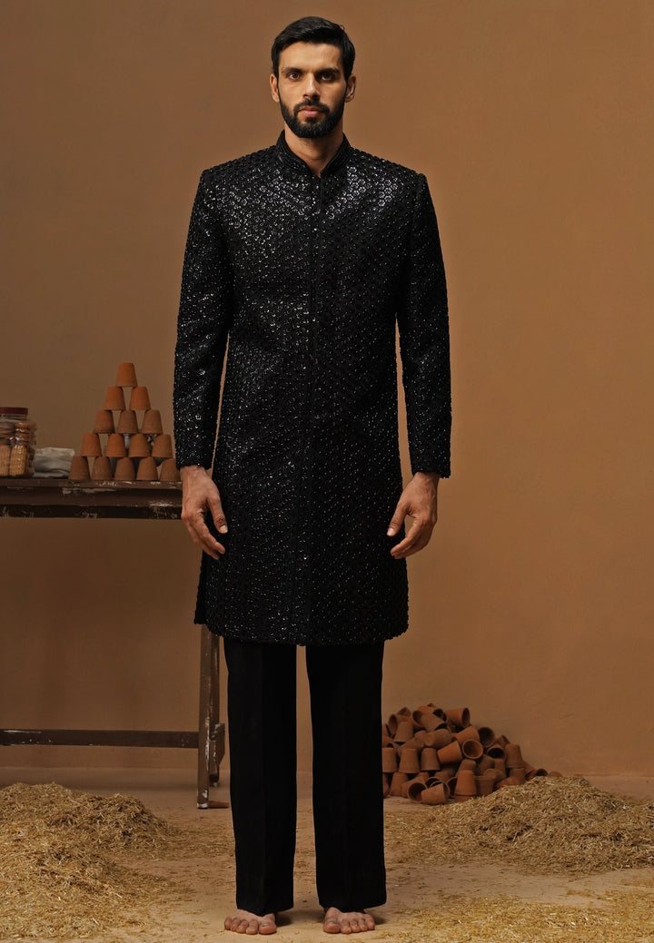 Black Shimmer Georgette Sherwani Set