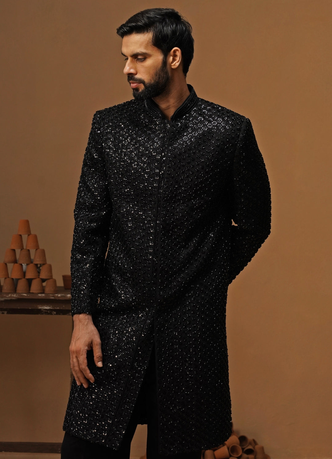 Black Shimmer Georgette Sherwani Set