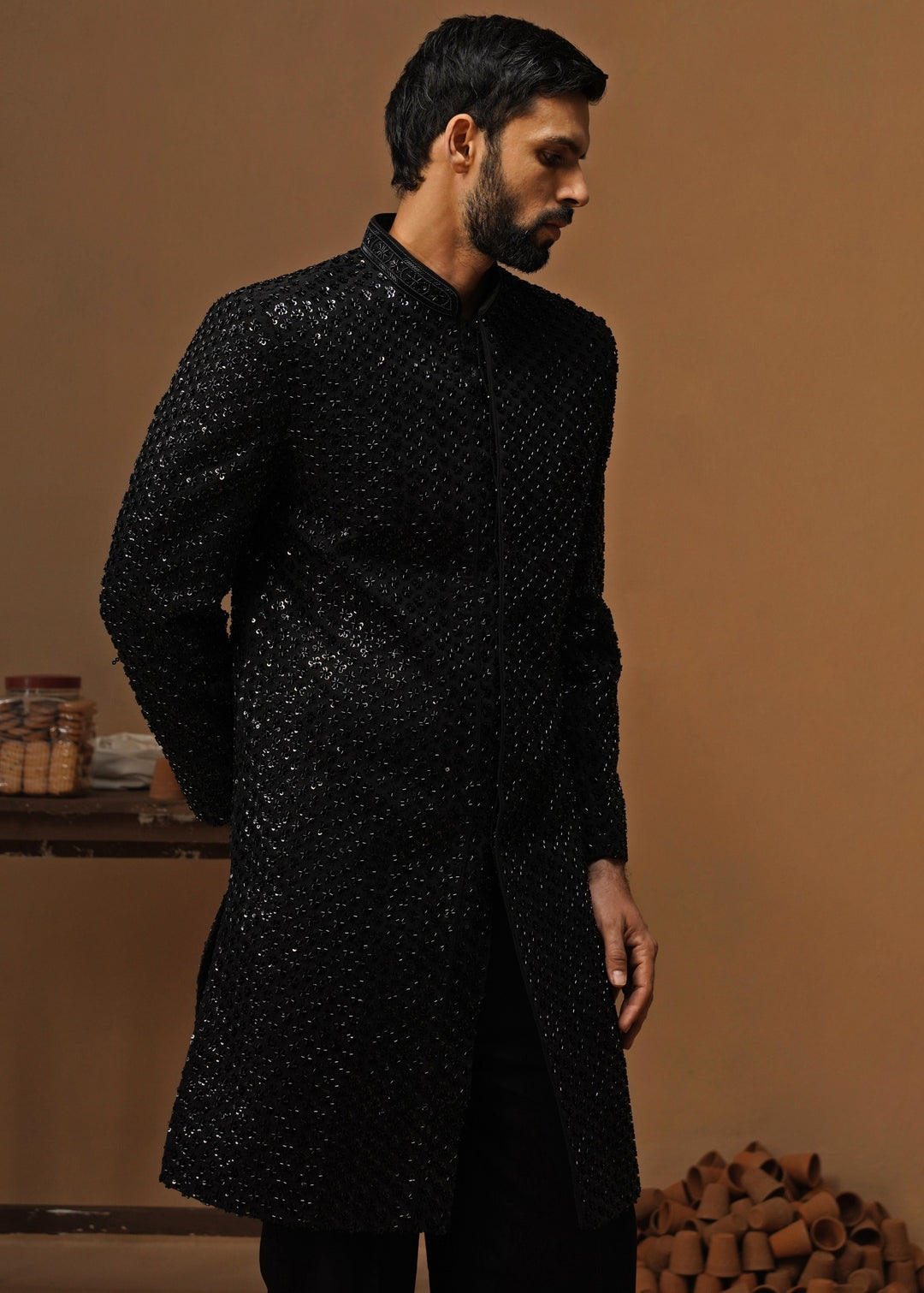 Black Shimmer Georgette Sherwani Set