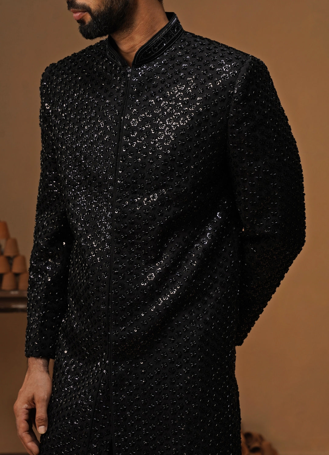Black Shimmer Georgette Sherwani Set