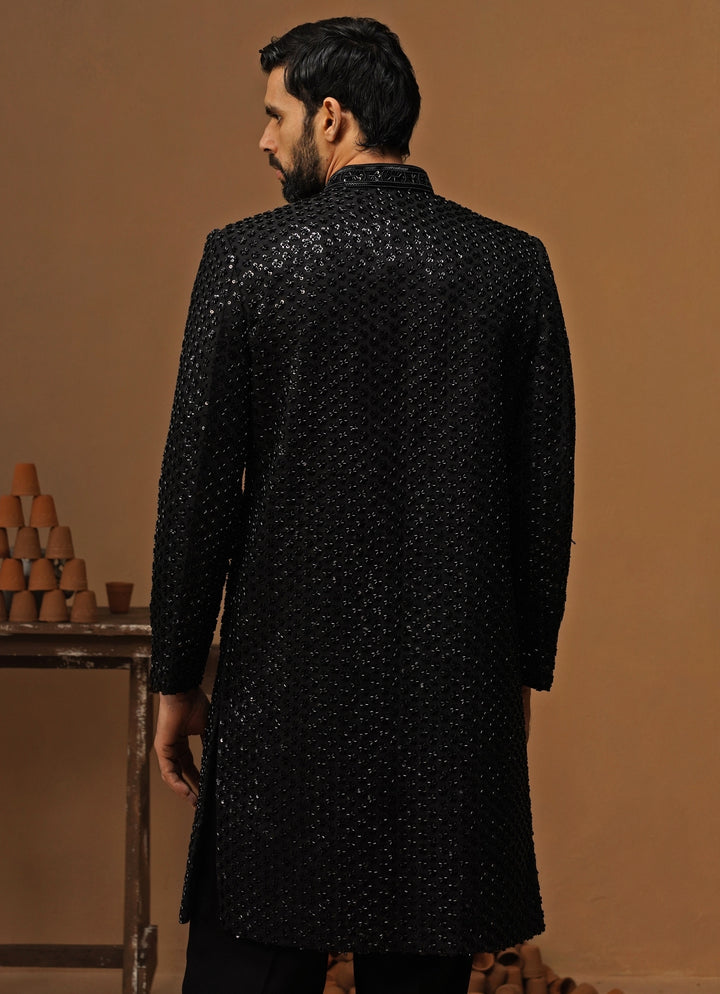Black Shimmer Georgette Sherwani Set